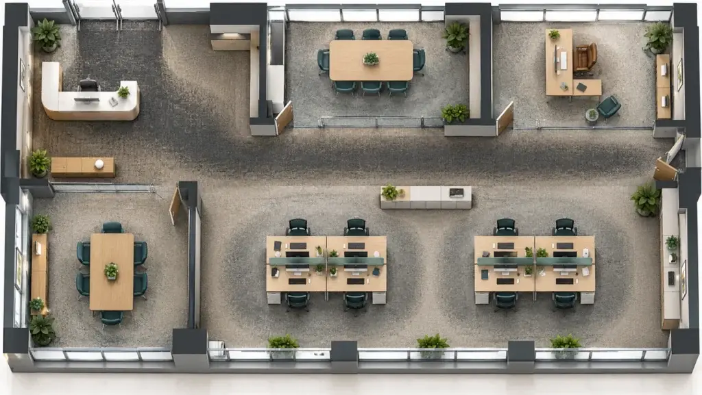 Illustration of carpet traffic zones in a modern office